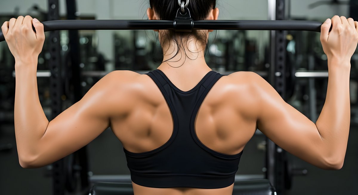 Woman's Strong Back: Fitness, Gym, Strength Training Image Der beste Moment für einen starken Rücken ist jetzt.